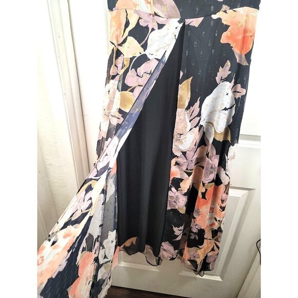 Adrianna Papell Floral Chiffon Jumpsuit Black Multi V-Neck Short Sleeve Size 6 - Picture 3 of 12